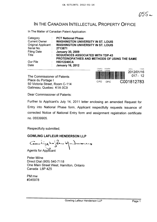 Document de brevet canadien 2713871. Correspondance 20120116. Image 1 de 1