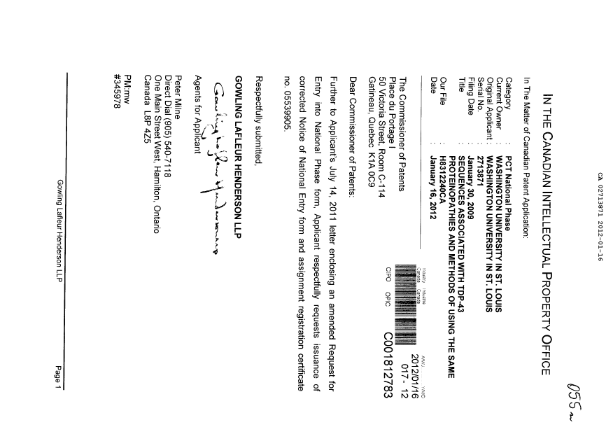 Canadian Patent Document 2713871. Correspondence 20120116. Image 1 of 1