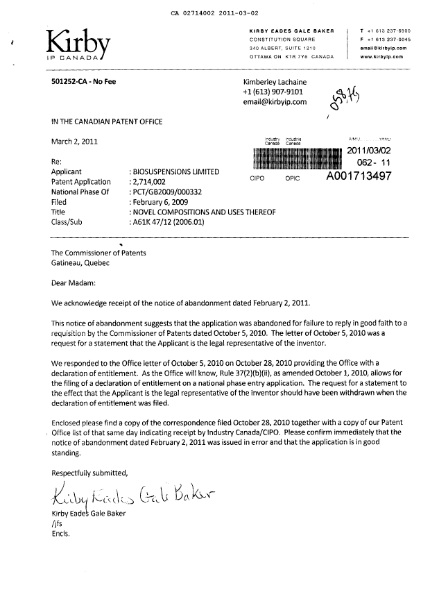 Document de brevet canadien 2714002. Correspondance 20101202. Image 1 de 3