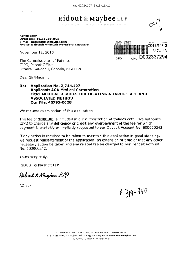 Canadian Patent Document 2714107. Prosecution-Amendment 20131112. Image 1 of 1