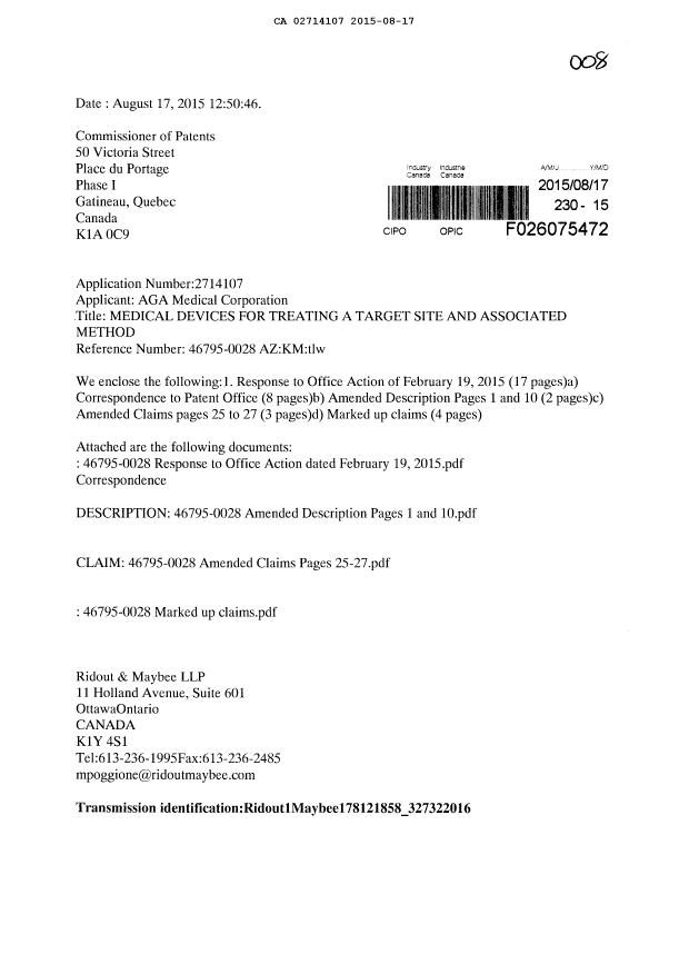 Document de brevet canadien 2714107. Poursuite-Amendment 20141217. Image 1 de 18