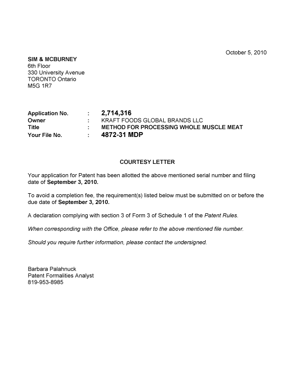 Document de brevet canadien 2714316. Correspondance 20091201. Image 1 de 1