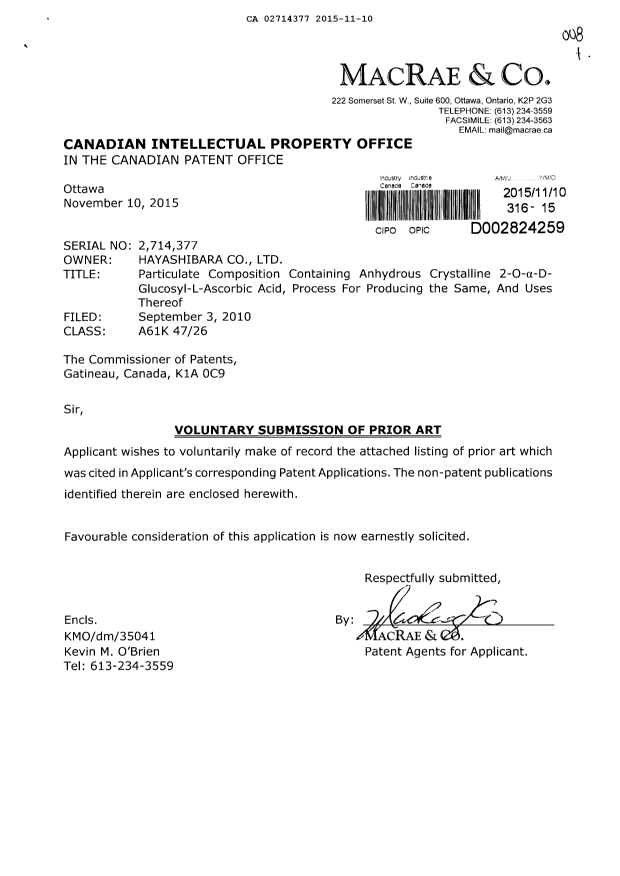 Document de brevet canadien 2714377. Poursuite-Amendment 20141210. Image 1 de 1