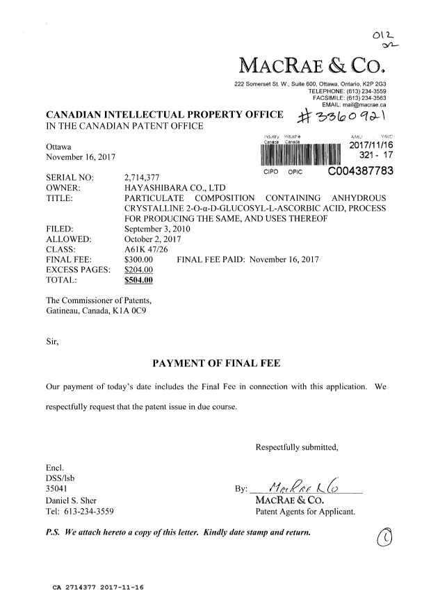 Document de brevet canadien 2714377. Correspondance 20161216. Image 1 de 1