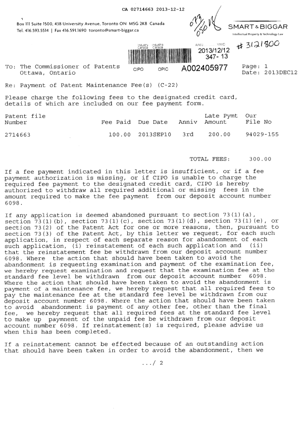 Document de brevet canadien 2714663. Taxes 20121212. Image 1 de 3