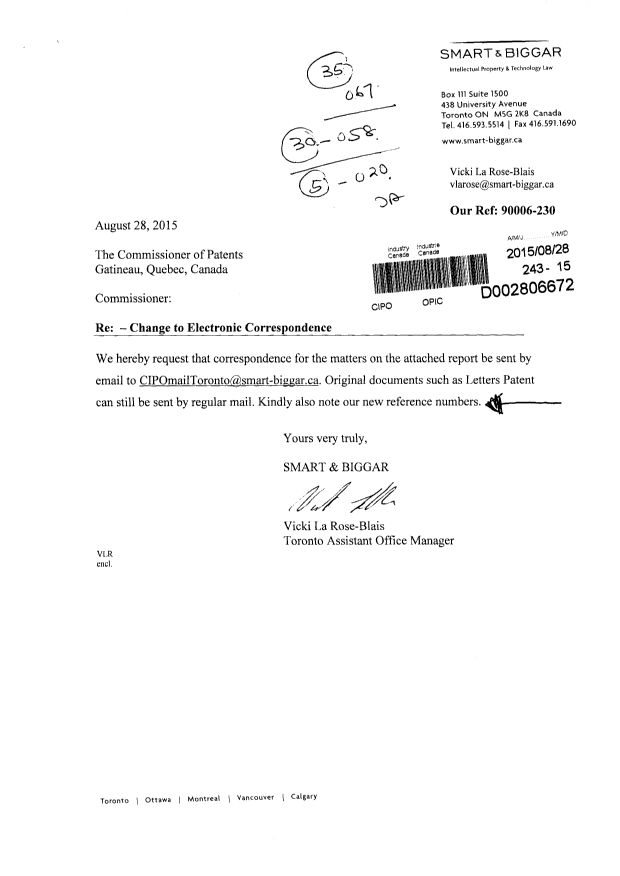 Document de brevet canadien 2714663. Correspondance 20141228. Image 1 de 2