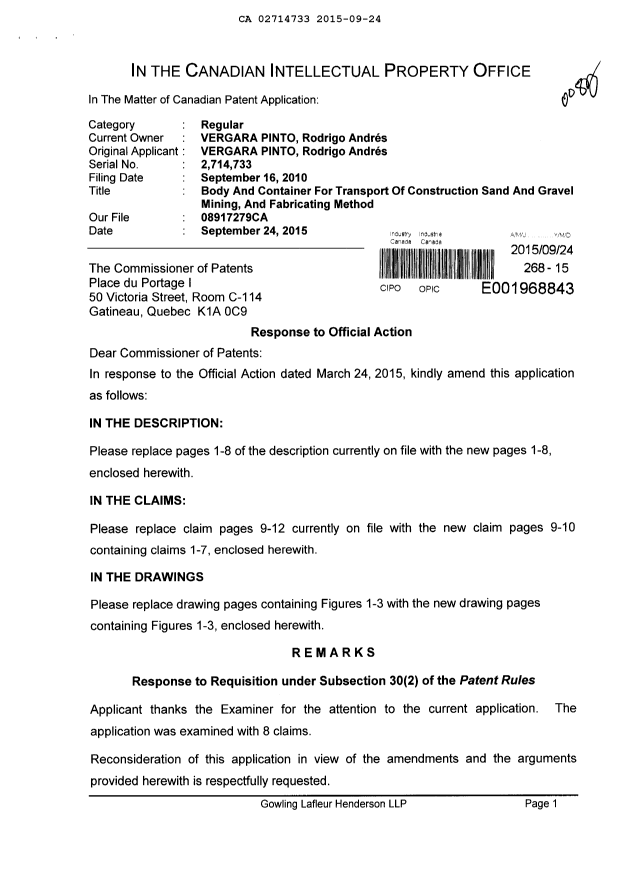 Canadian Patent Document 2714733. Amendment 20150924. Image 1 of 24