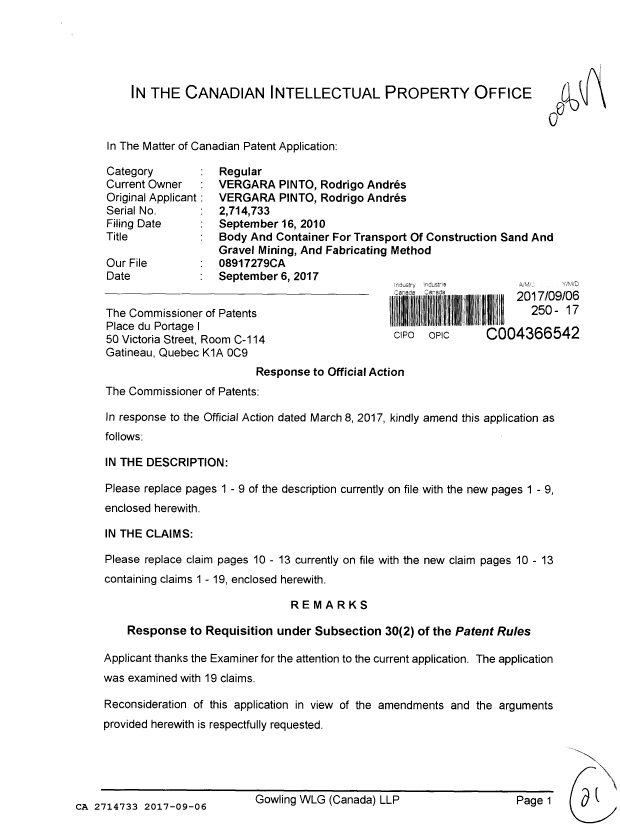Canadian Patent Document 2714733. Amendment 20170906. Image 1 of 21