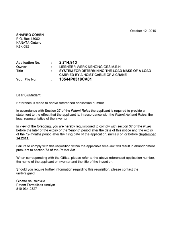 Document de brevet canadien 2714913. Correspondance 20091207. Image 1 de 1