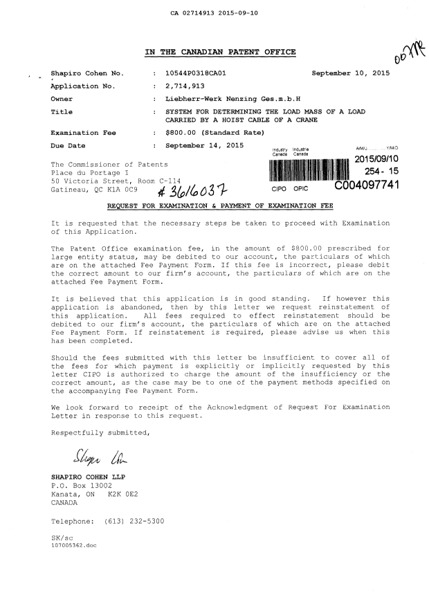 Document de brevet canadien 2714913. Requête d'examen 20150910. Image 1 de 1