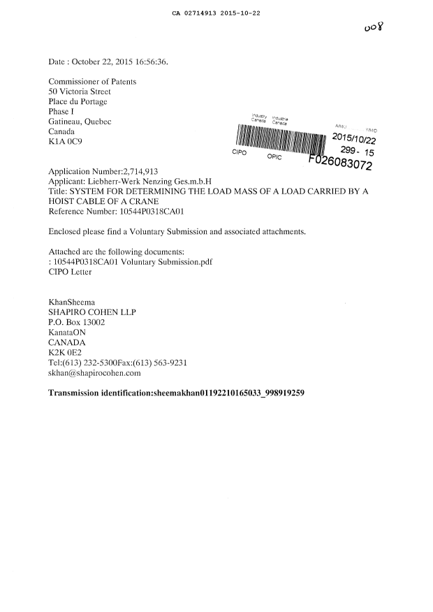 Document de brevet canadien 2714913. Poursuite-Amendment 20151022. Image 1 de 2