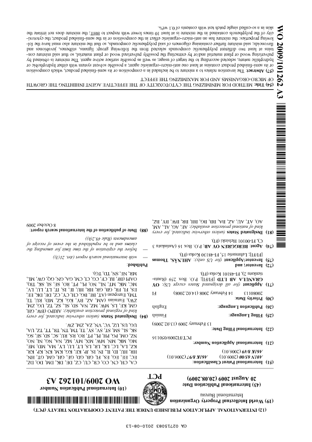 Document de brevet canadien 2715083. Abrégé 20091213. Image 1 de 1