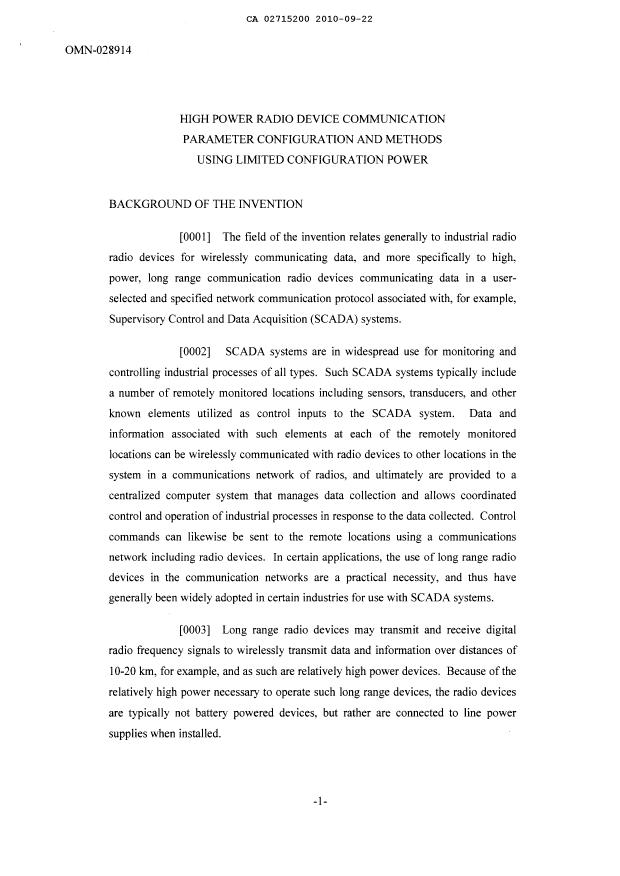 Document de brevet canadien 2715200. Description 20100922. Image 1 de 16