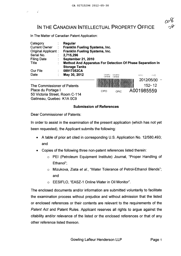 Canadian Patent Document 2715296. Prosecution-Amendment 20120530. Image 1 of 2