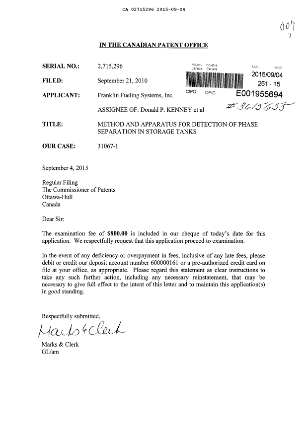 Document de brevet canadien 2715296. Poursuite-Amendment 20141204. Image 1 de 1