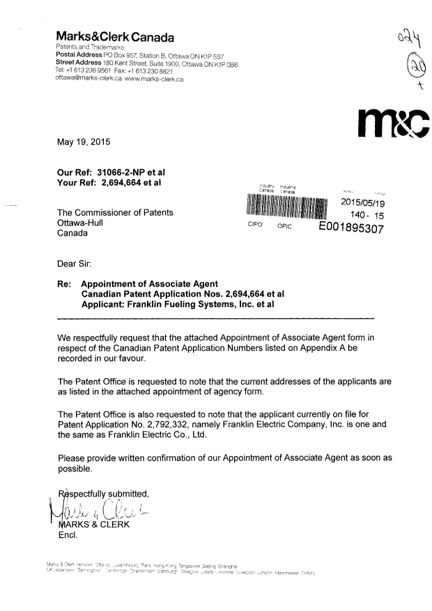 Document de brevet canadien 2715296. Correspondance 20150519. Image 1 de 4