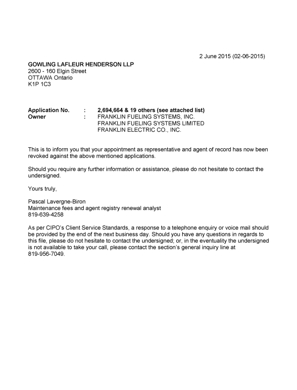 Document de brevet canadien 2715296. Correspondance 20150602. Image 1 de 2