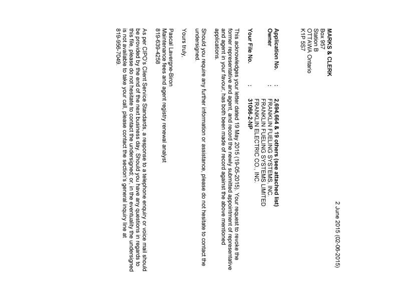 Document de brevet canadien 2715296. Correspondance 20150602. Image 1 de 2