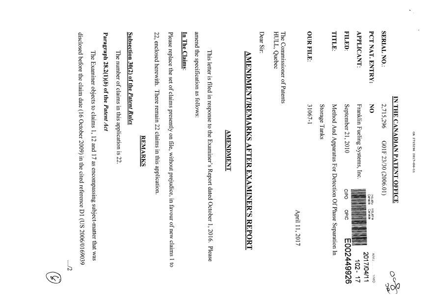 Document de brevet canadien 2715296. Modification 20170411. Image 1 de 8