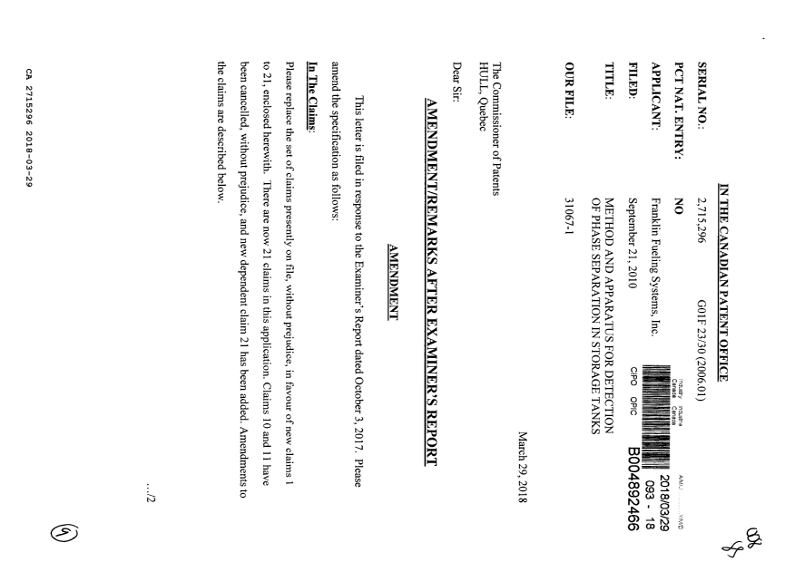 Document de brevet canadien 2715296. Modification 20180329. Image 1 de 9