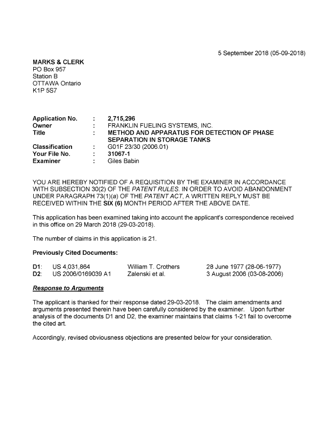 Document de brevet canadien 2715296. Demande d'examen 20180905. Image 1 de 4