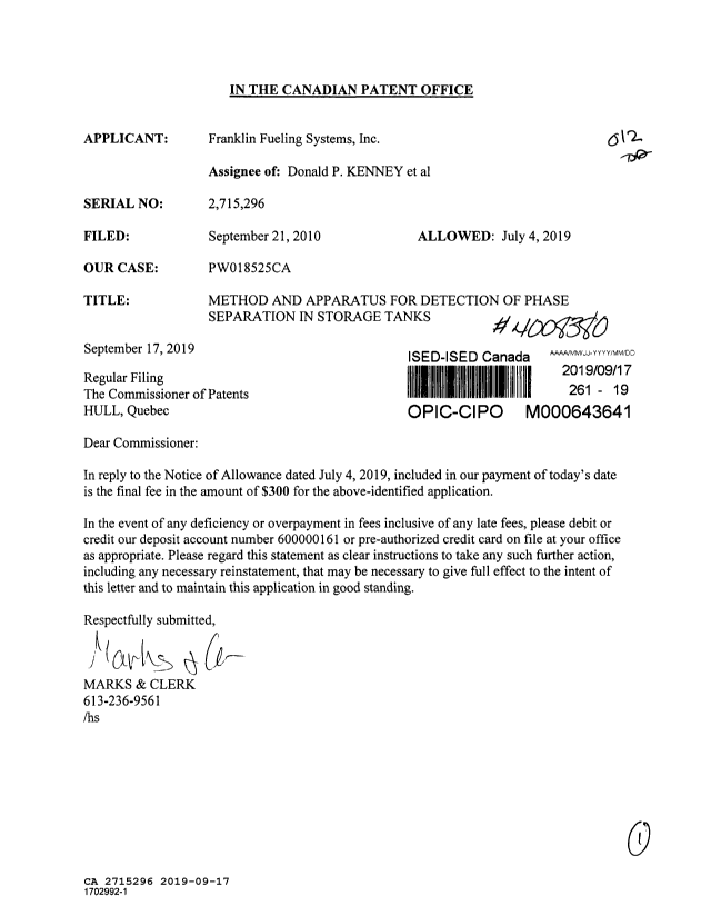 Canadian Patent Document 2715296. Final Fee 20190917. Image 1 of 1