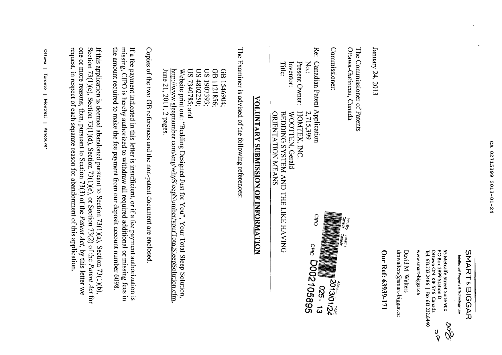Document de brevet canadien 2715399. Poursuite-Amendment 20121224. Image 1 de 2