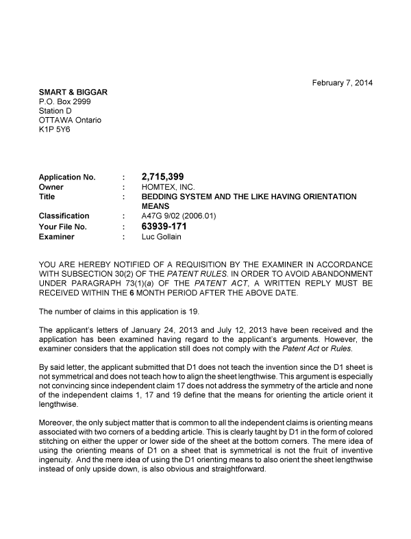 Document de brevet canadien 2715399. Poursuite-Amendment 20131207. Image 1 de 4