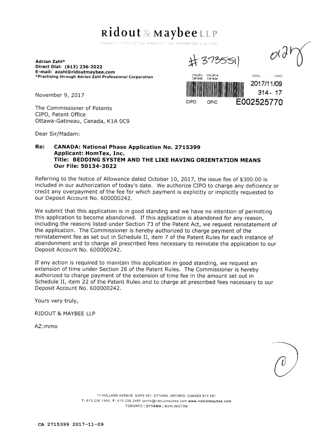 Document de brevet canadien 2715399. Correspondance 20161209. Image 1 de 1
