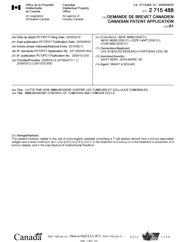 Document de brevet canadien 2715488. Page couverture 20101119. Image 1 de 1