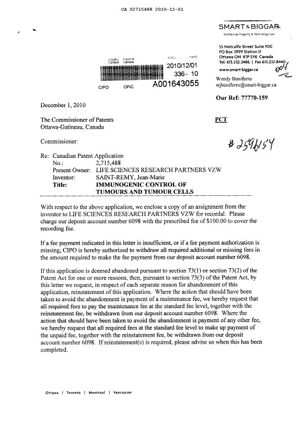 Document de brevet canadien 2715488. Cession 20101201. Image 1 de 3