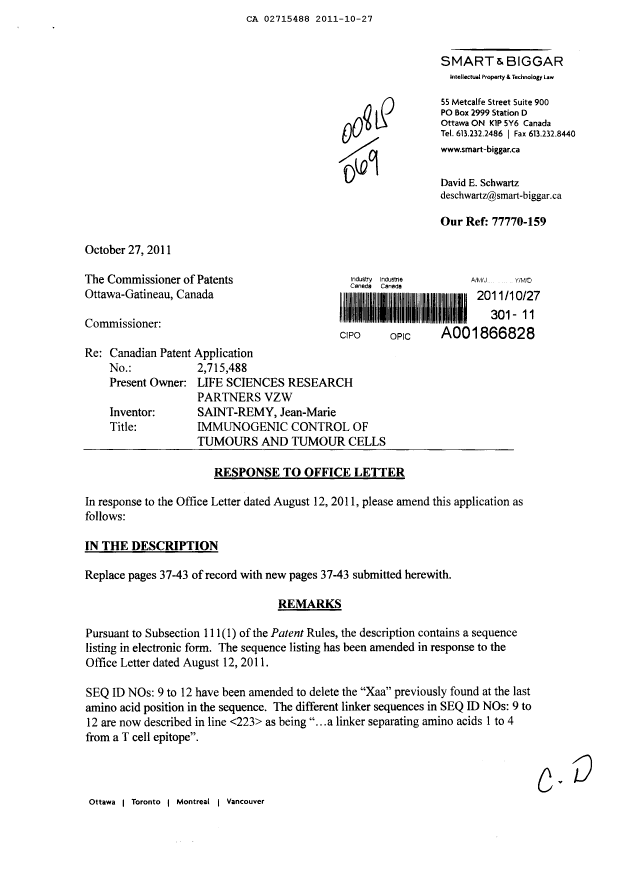 Document de brevet canadien 2715488. Poursuite-Amendment 20111027. Image 1 de 10