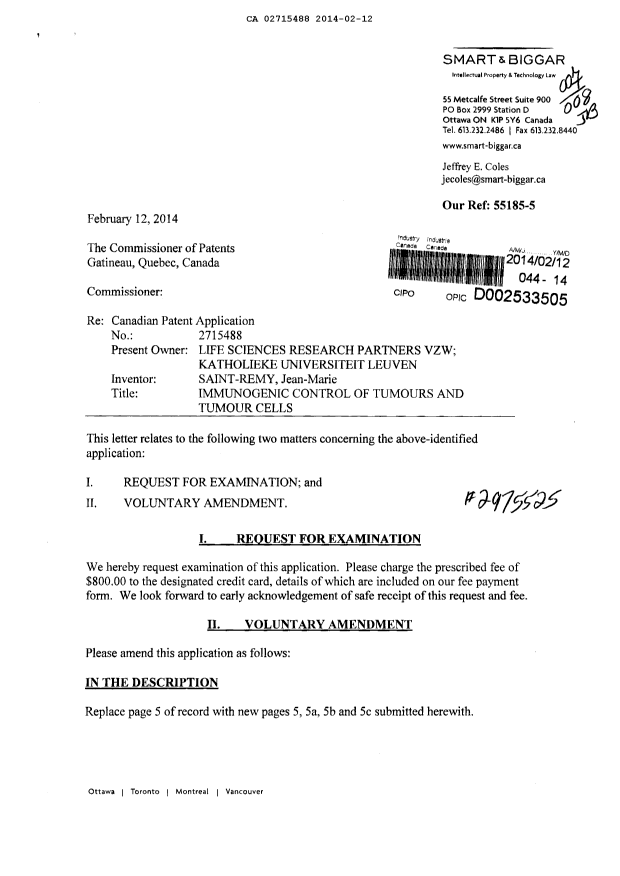 Canadian Patent Document 2715488. Prosecution-Amendment 20131212. Image 1 of 12