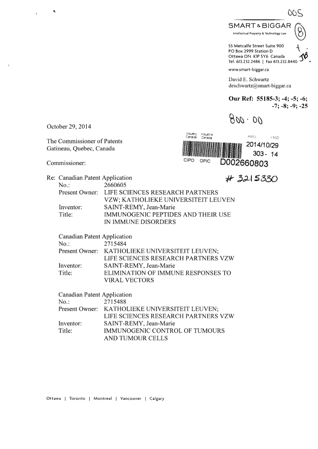Document de brevet canadien 2715488. Cession 20141029. Image 1 de 6