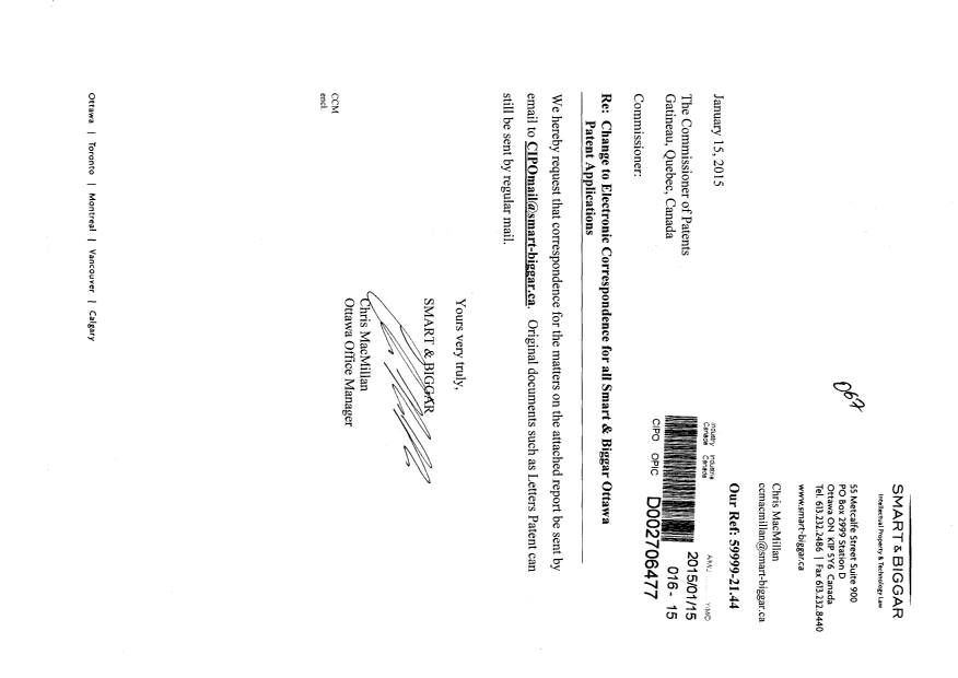 Document de brevet canadien 2715488. Correspondance 20141215. Image 1 de 2