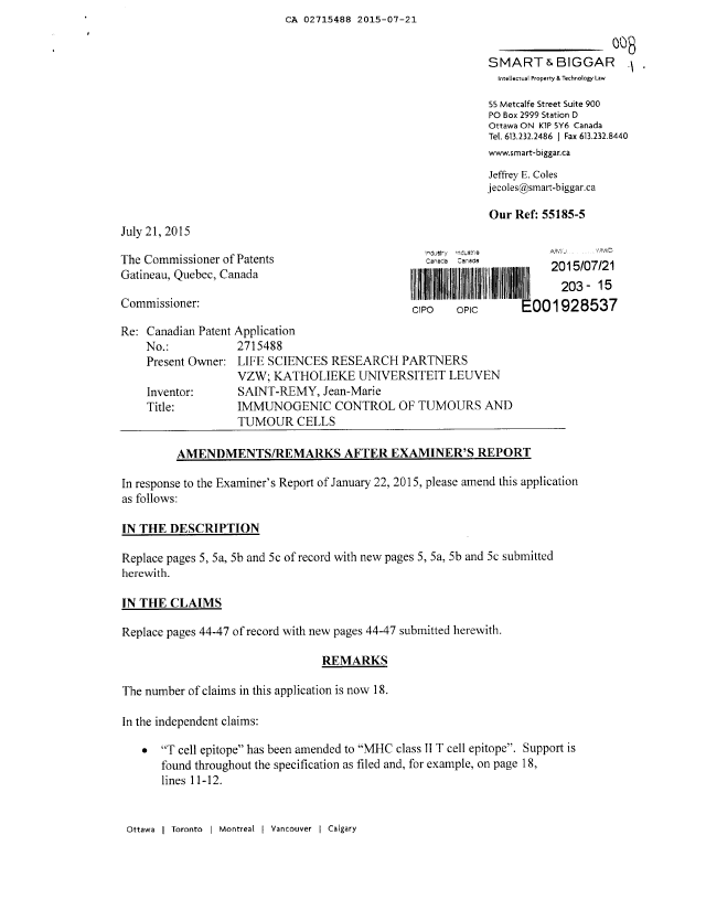 Document de brevet canadien 2715488. Correspondance de la poursuite 20150721. Image 1 de 17