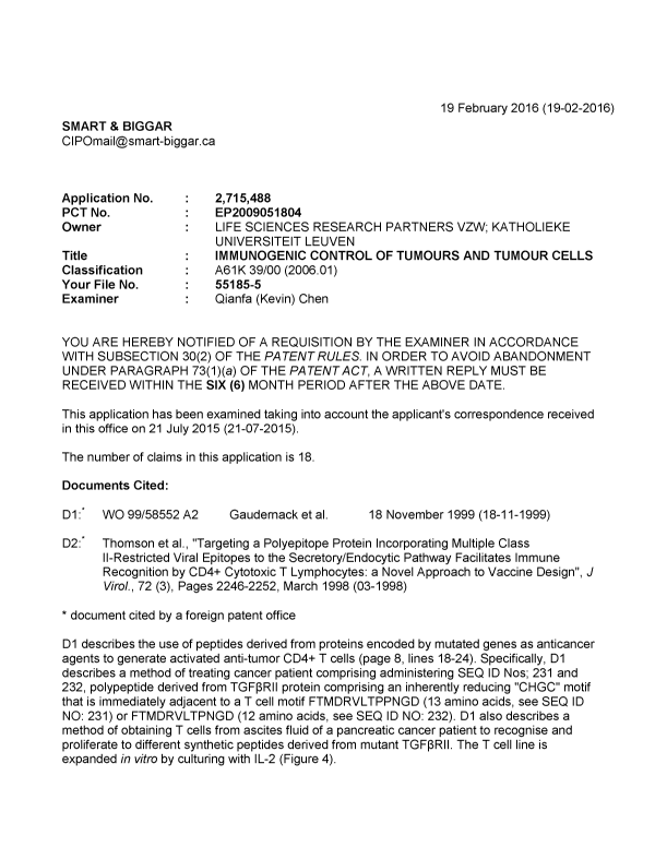 Document de brevet canadien 2715488. Demande d'examen 20160219. Image 1 de 4