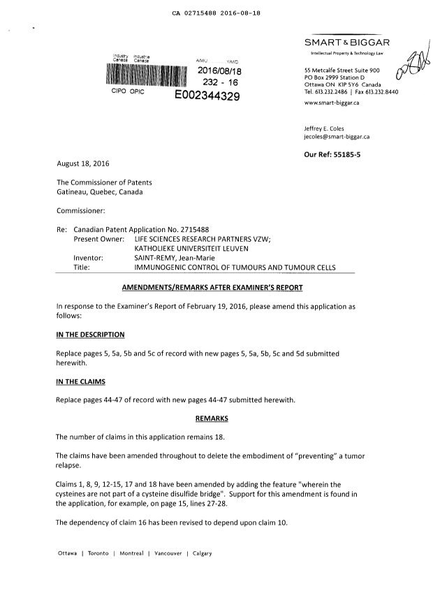 Document de brevet canadien 2715488. Modification 20160818. Image 1 de 15