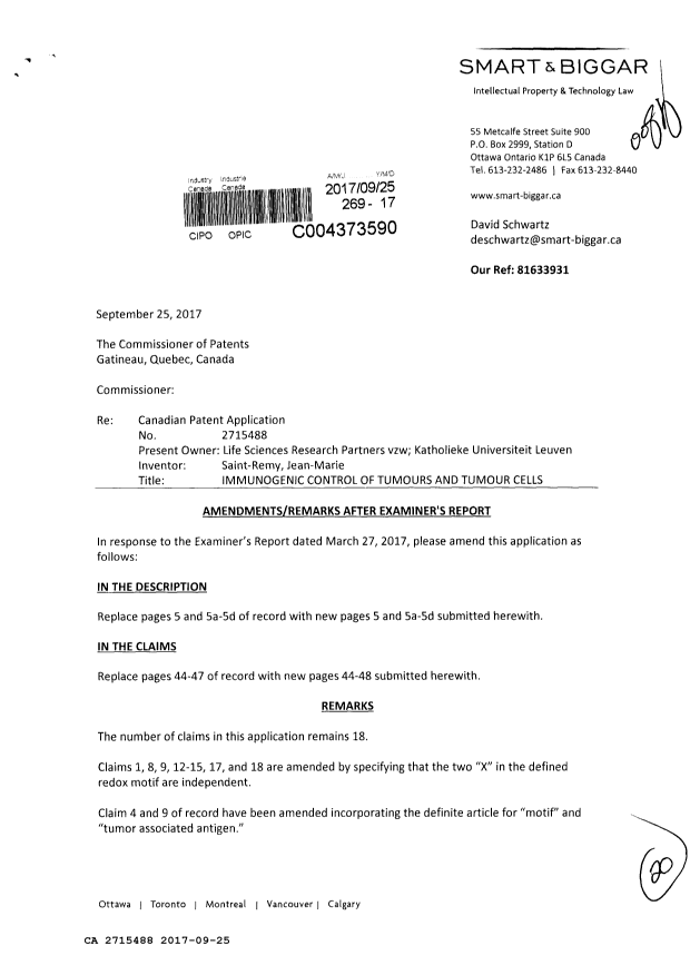 Document de brevet canadien 2715488. Poursuite-Amendment 20161225. Image 1 de 20