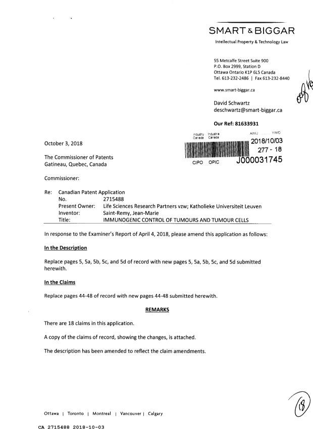 Document de brevet canadien 2715488. Modification 20181003. Image 1 de 18