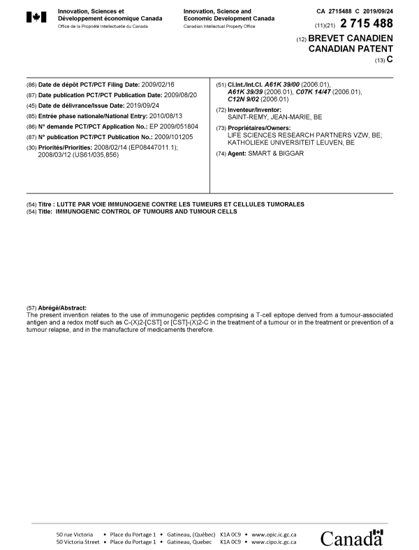Document de brevet canadien 2715488. Page couverture 20190822. Image 1 de 1