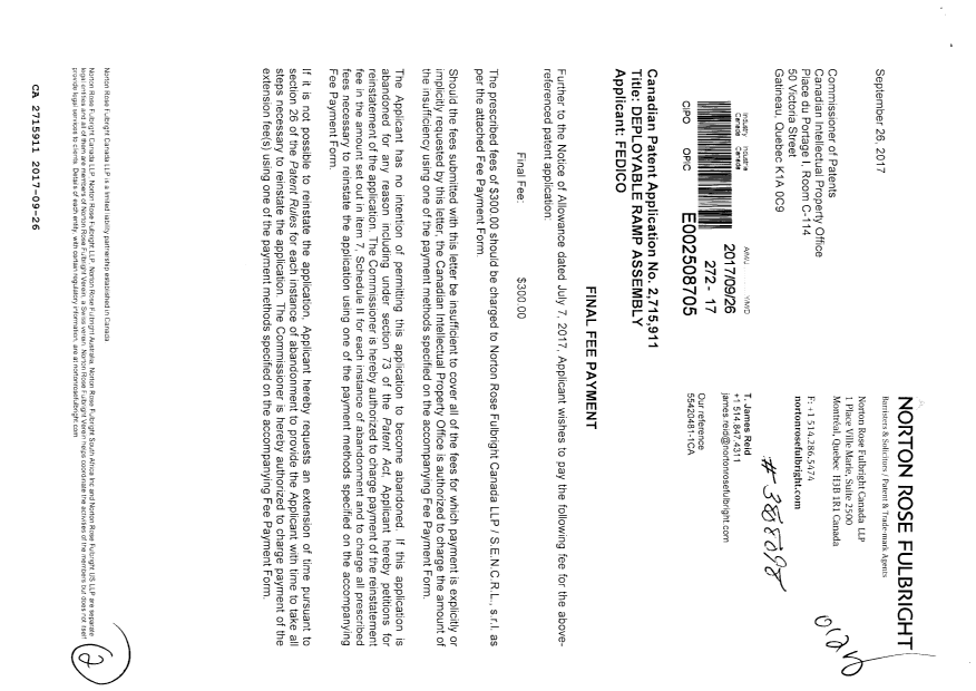 Document de brevet canadien 2715911. Correspondance 20161226. Image 1 de 2