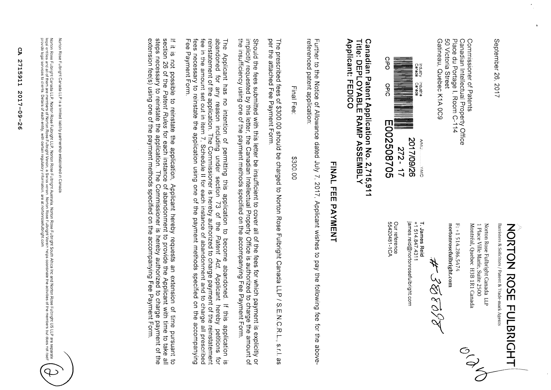 Document de brevet canadien 2715911. Correspondance 20161226. Image 1 de 2