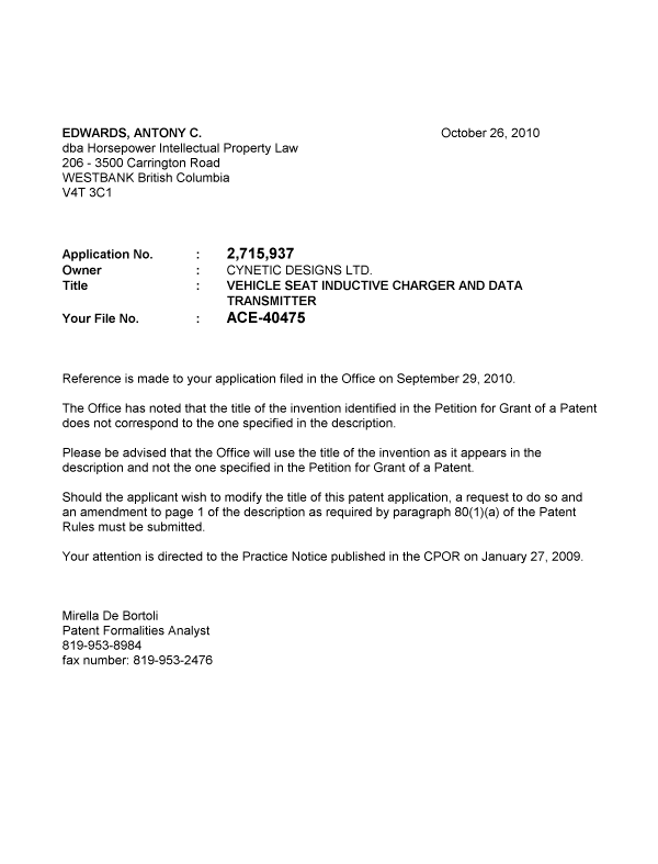 Document de brevet canadien 2715937. Correspondance 20091220. Image 1 de 1