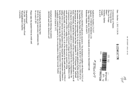 Document de brevet canadien 2715937. Correspondance 20111201. Image 1 de 3