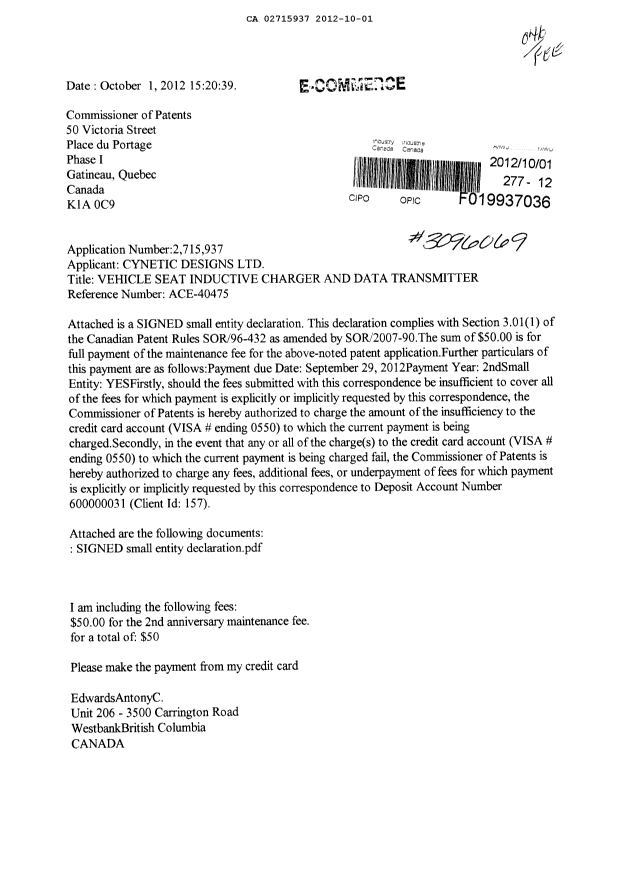 Document de brevet canadien 2715937. Correspondance 20111201. Image 1 de 3