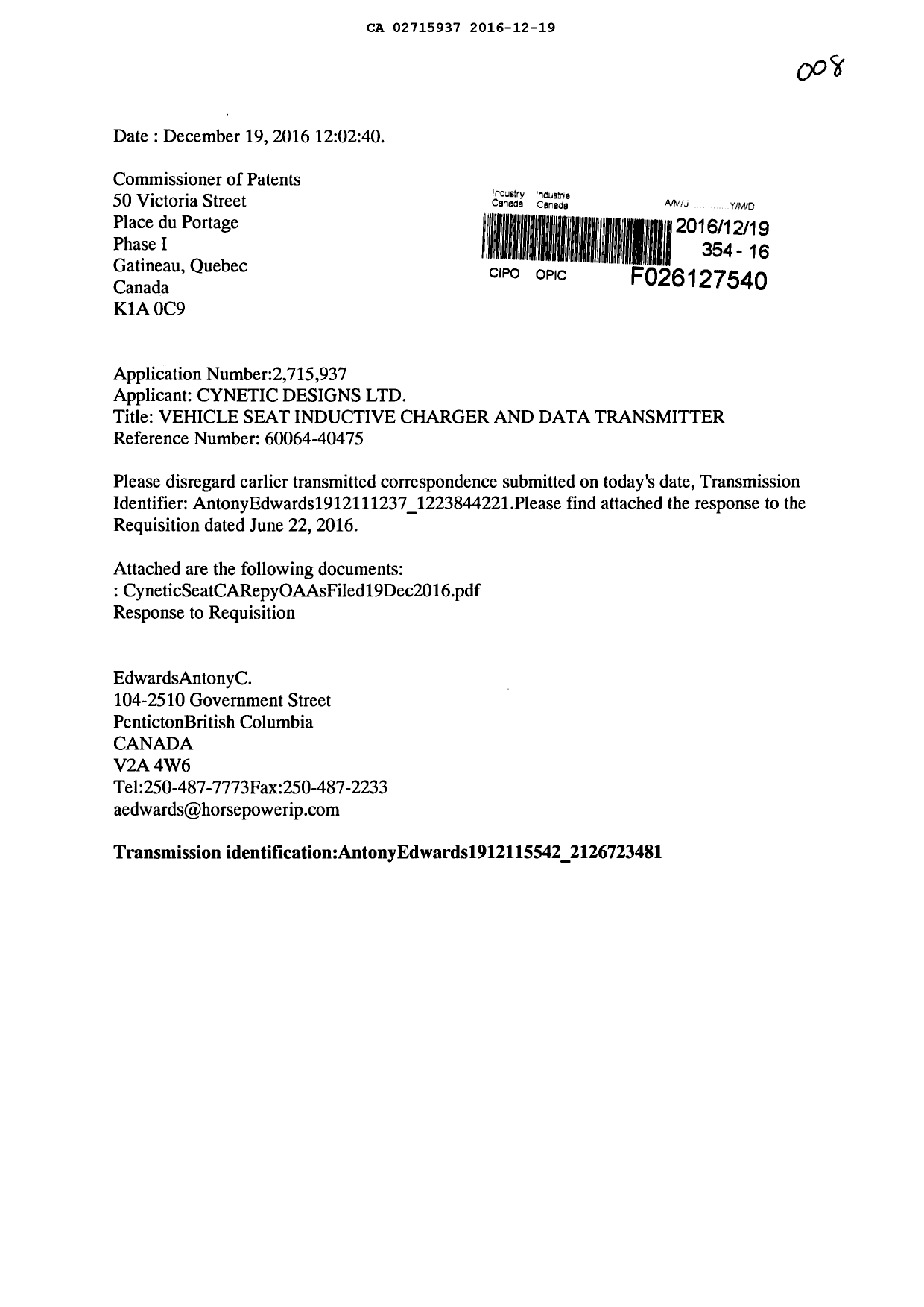 Document de brevet canadien 2715937. Poursuite-Amendment 20151219. Image 1 de 5