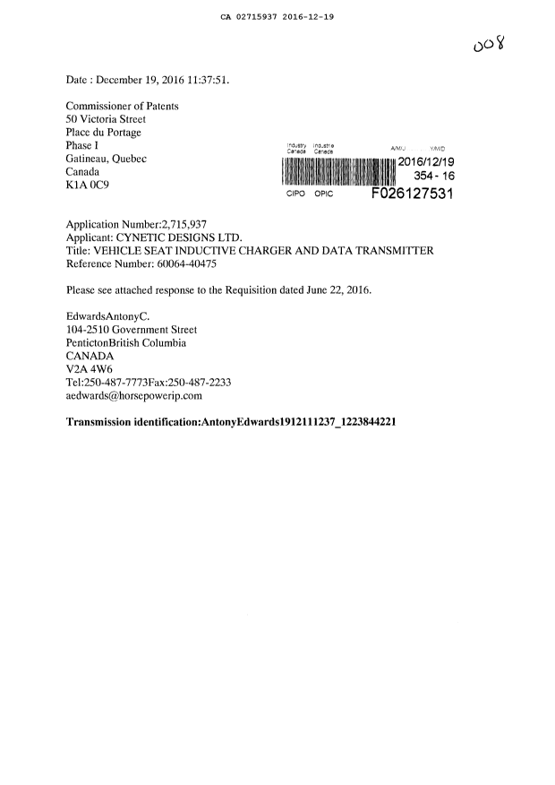 Document de brevet canadien 2715937. Modification 20161219. Image 1 de 1