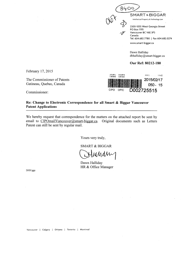 Document de brevet canadien 2716010. Correspondance 20150217. Image 1 de 5