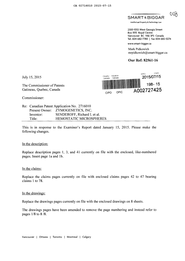 Document de brevet canadien 2716010. Modification 20150715. Image 1 de 23